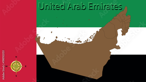 Map of United Arab Emirates silhouette on national flag background with compass rose.