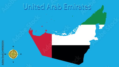 Silhouette map of United Arab Emirates with national flag colors and country name on blue background.