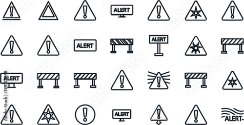 Warning and alert icon collection with hazard signs, barriers and caution symbols, clean line vector set for safety, traffic control and risk awareness design