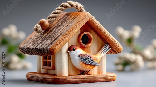 Charming Wooden Birdhouse with a Perched Songbird — Rustic Garden Delight»