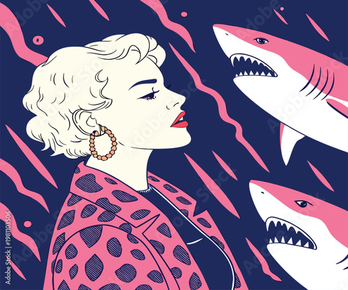 illustration-pop-art-woman-sharks-surreal.eps