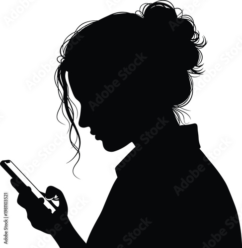 Black silhouette illustration of a female profile using a mobile phone with curly hair bun for technology and lifestyle designs.