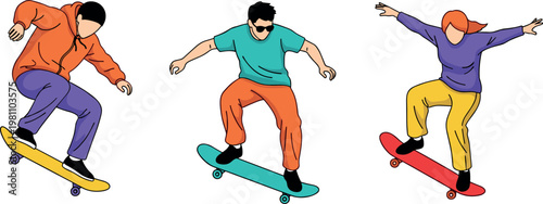Skateboarders Performing Tricks Character Icons Set for Action Sports, Skateboarding, and Urban Outdoor Designs