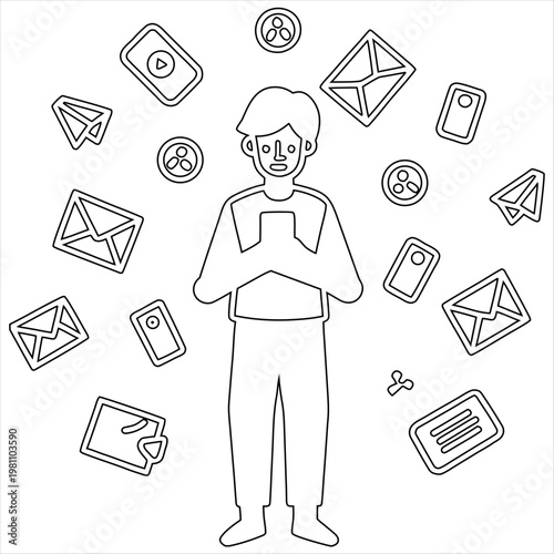 Overwhelmed individual amidst a flurry of digital communication icons