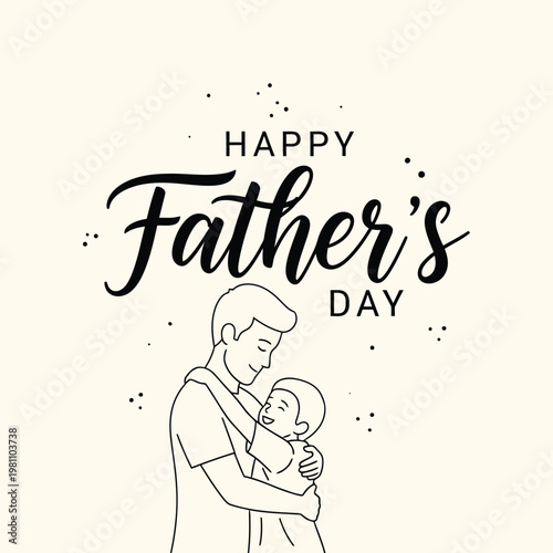 Father's day line art illustration showing dad and child hugging with happiness on cream background, simple minimalist drawing capturing emotional bond for holiday greeting cards and art.
