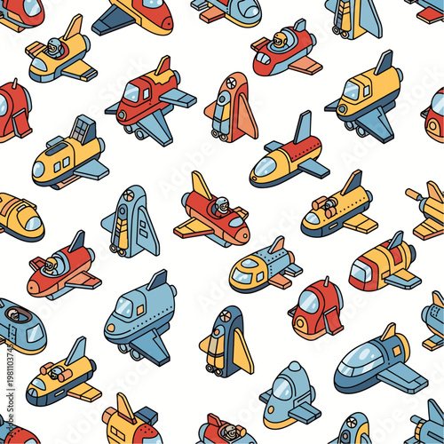 Colorful cartoon space shuttles, rockets, and airplanes scattered across a white background, seamless pattern, Stock royalty image.