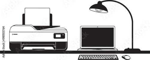 Black and white office workspace with printer laptop keyboard