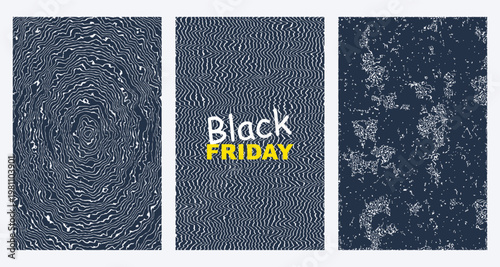 Dark blue distressed grunge background textures and black friday promotional banner templates with organic wavy line patterns and grainy vintage styles