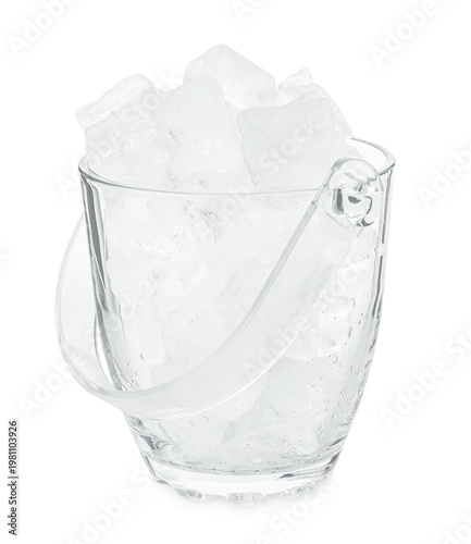 Ice cubes in glass bucket isolated on white