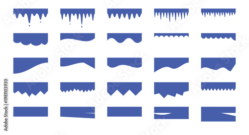 Collection of blue melting ice and dripping water silhouette shapes isolated on white background for winter season and cold weather