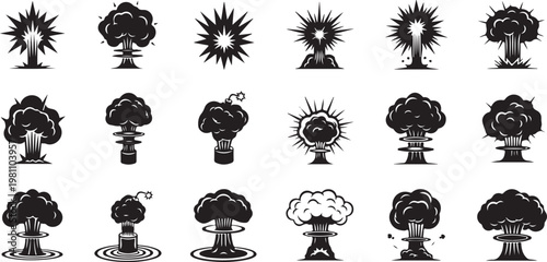 Explosion, blast, boom, detonation, atomic bomb icons, 20 nuclear explosion vector graphics