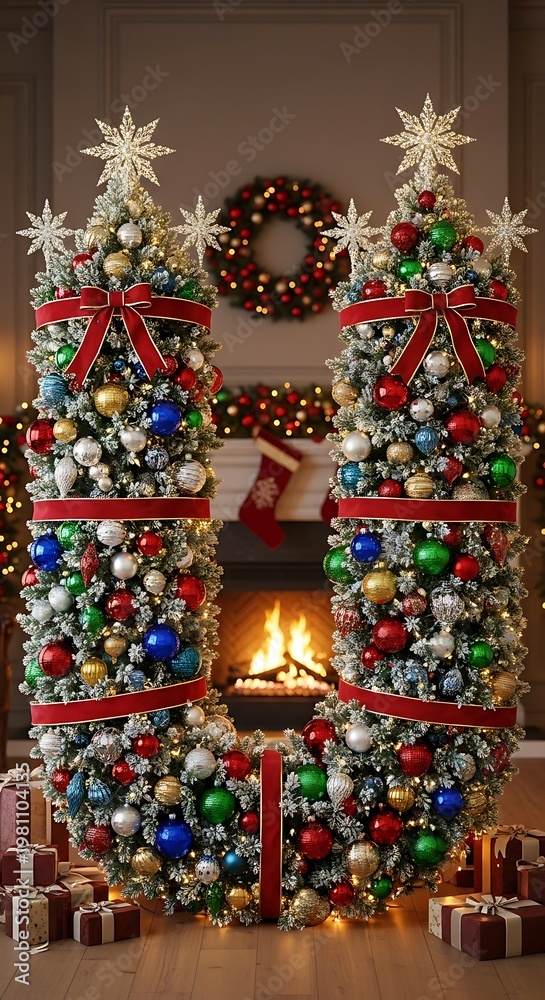 Fototapeta premium Festive Christmas Tree Decorations with Fireplace and Gifts.