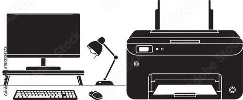 Black and white office workspace with computer printer