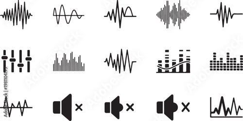 Sound wave, audio signal, music icons, 20 graphics, vector set