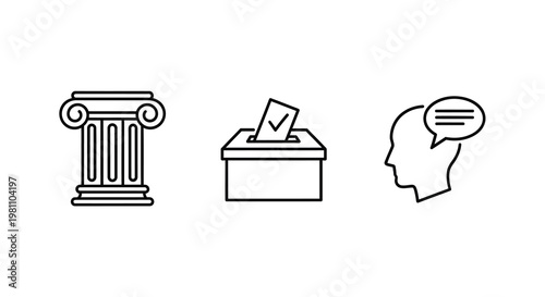 Voting rights democracy and free speech represented in linear icons silhouette