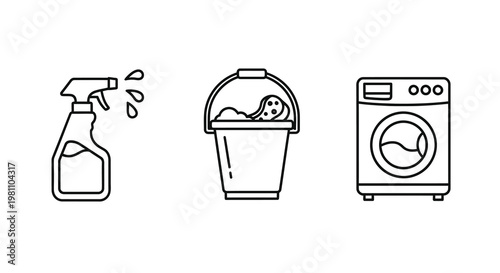 Cleaning supplies and laundry appliances in a simple line silhouette