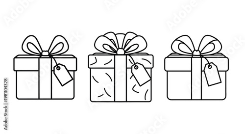 Three decorated gift boxes with ribbons and tags a clean silhouette
