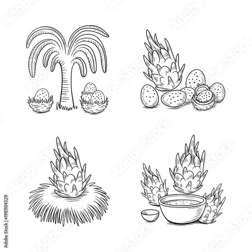 Vintage botanical illustration of dragon fruit palm and tropical fruits