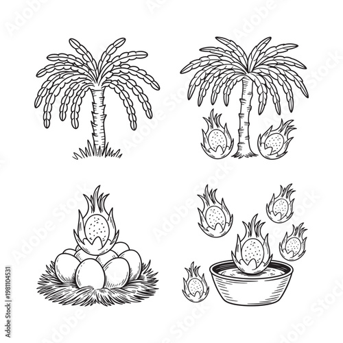 Vintage illustration of palm trees and dragon fruit sketched in black ink
