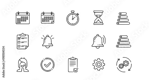 Editable stroke time planning icons with checklist timer calendar and workflow elements vector illustration