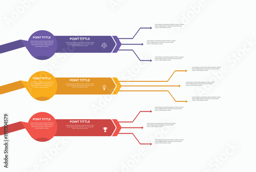 Three-point horizontal infographic with colorful gradient arrows, circular labels, branching lines.