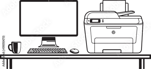 Office workspace with computer printer and coffee cup monitor