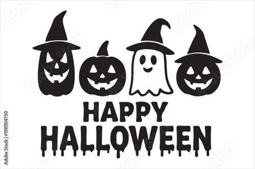 A spooky halloween greeting featuring pumpkins ghosts and witches hats