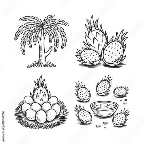 Vintage illustration of dragon fruit plants whole and sliced with seeds