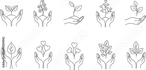 Set of minimalist line art vector icons showing human hands holding sprouts leaves and hearts representing environmental care and growth.