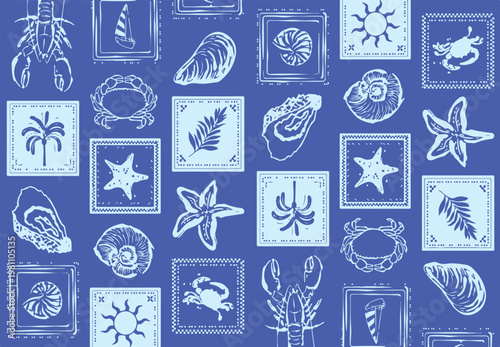 Tableau sur toile Sea shells, fossils and mollusks seamless pattern