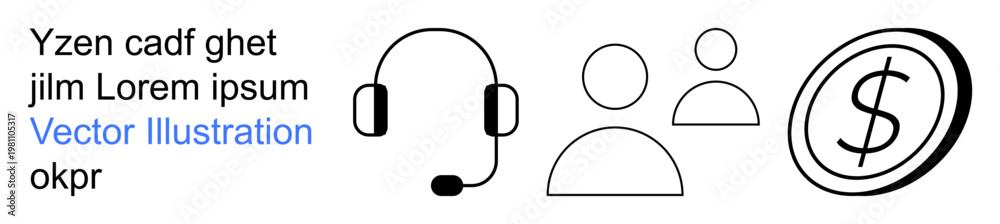 Obraz premium Customer support, financial transactions, online payments, teamwork, communication, technology. Headset, user profiles and dollar icon arranged together. Customer support and financial transactions