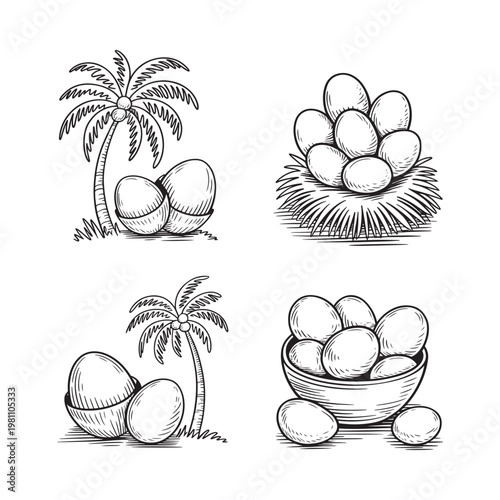 Vintage illustration of tropical eggs palm trees and woven nests