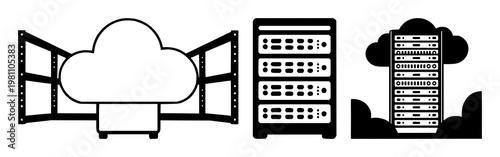 AI server rack icon set with solid black design and white background featuring cloud computing, server rack, AI, technology with graphics and illustration