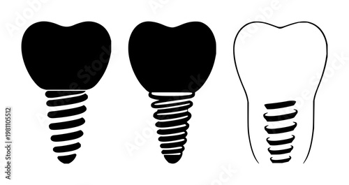 Dental implant tooth icon set with solid black shape on white background featuring dental implant, tooth, icon with vector and minimalist design