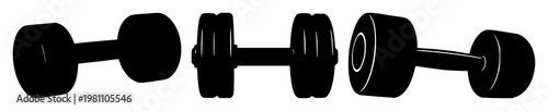 Gym dumbbell icon set with solid black silhouette on white background featuring fitness, weightlifting, exercise with muscle training and bodybuilding