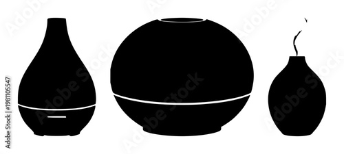 Aromatherapy oil diffuser set with solid black icon on a white background featuring aromatherapy, oil diffuser, icon with black and white and vector illustration