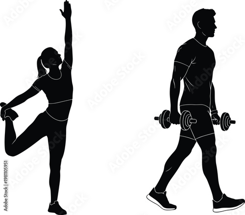 Silhouette vector of a man carrying dumbbells and a woman stretching, perfect for fitness, gym training, and healthy lifestyle designs.