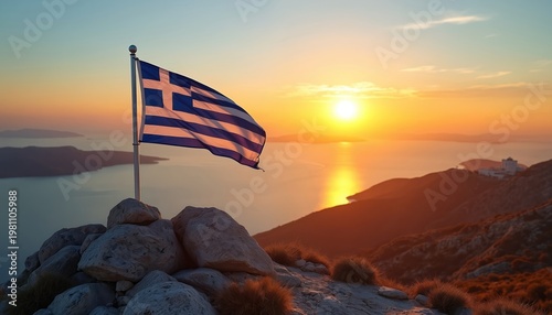 Greek flag waves on rocky peak at sunset overlooking calm sea and islands. Golden sun reflects on water casting warm light on landscape. Symbolizes nation pride and beautiful coastal scenery.