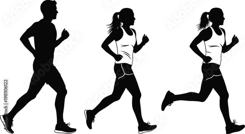 Silhouettes of a man and two women running or jogging for exercise and fitness in minimalist black and white vector.