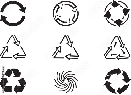 Recycling icons, eco symbols, reuse signs, recyclable logos, sustainable graphics