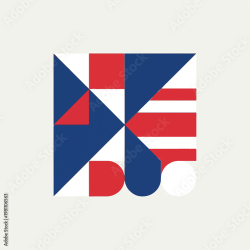 Modern abstract geometric art combines red, blue, and white shapes in a captivating contemporary composition on a square canvas.