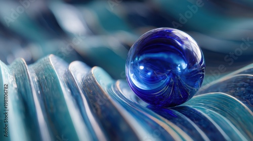 Close-up of a deep blue glass marble resting on a wavy teal and aqua textured surface, abstract background
