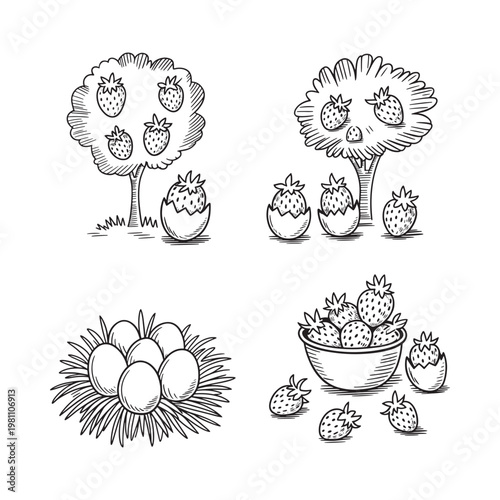 Strawberry trees cracked eggs and a nest with berries illustration