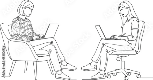 Two young women sitting in chairs working on laptops in a minimalist continuous line art style black and white vector.