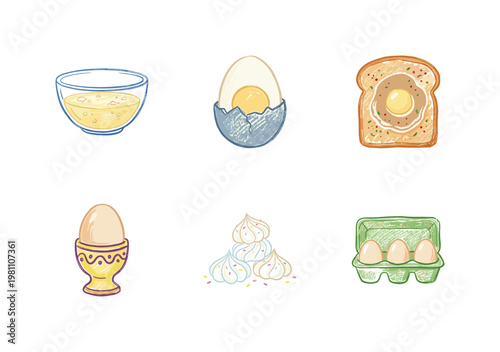 Egg Dishes and Breakfast Culinary Ingredients with Colorful Crayony Brush Strokes and Fluid Organic Outlines for Commercial Food Design