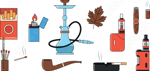 Smoking and Vape Icon Set with Cigarettes, Hookah, Lighter, Matches, and Tobacco Products for Health, Lifestyle, and Smoking Awareness Designs