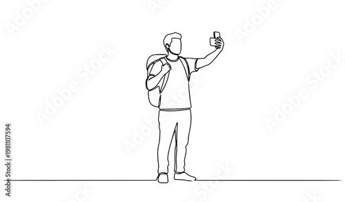 Continuous one line traveler taking selfie with smartphone backpack outdoor minimalist vector