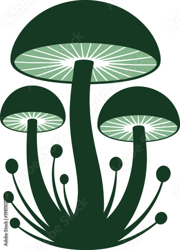 A stylized illustration of three green mushrooms on a white background