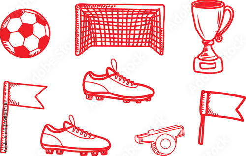 Red ink sketch illustration featuring a collection of essential soccer equipment including a round ball a net goal post a golden winners trophy a pair of cleats athletic footwear whistles and stadium 