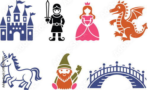 A collection of fantasy icons featuring a castle, knight, princess, dragon, unicorn, gnome, and bridge.